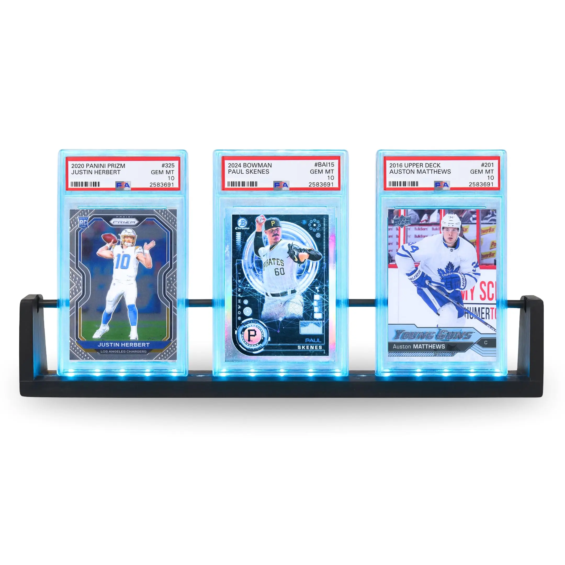 Wooden Sports Card Display Light Up Ledge Stand with Color Changing LED Base for Graded Slabs, One-Touches, Top Loaders – PSA, SGC, TCG - USB Powered Wood Easel for Trading Cards - Gift for Collectors