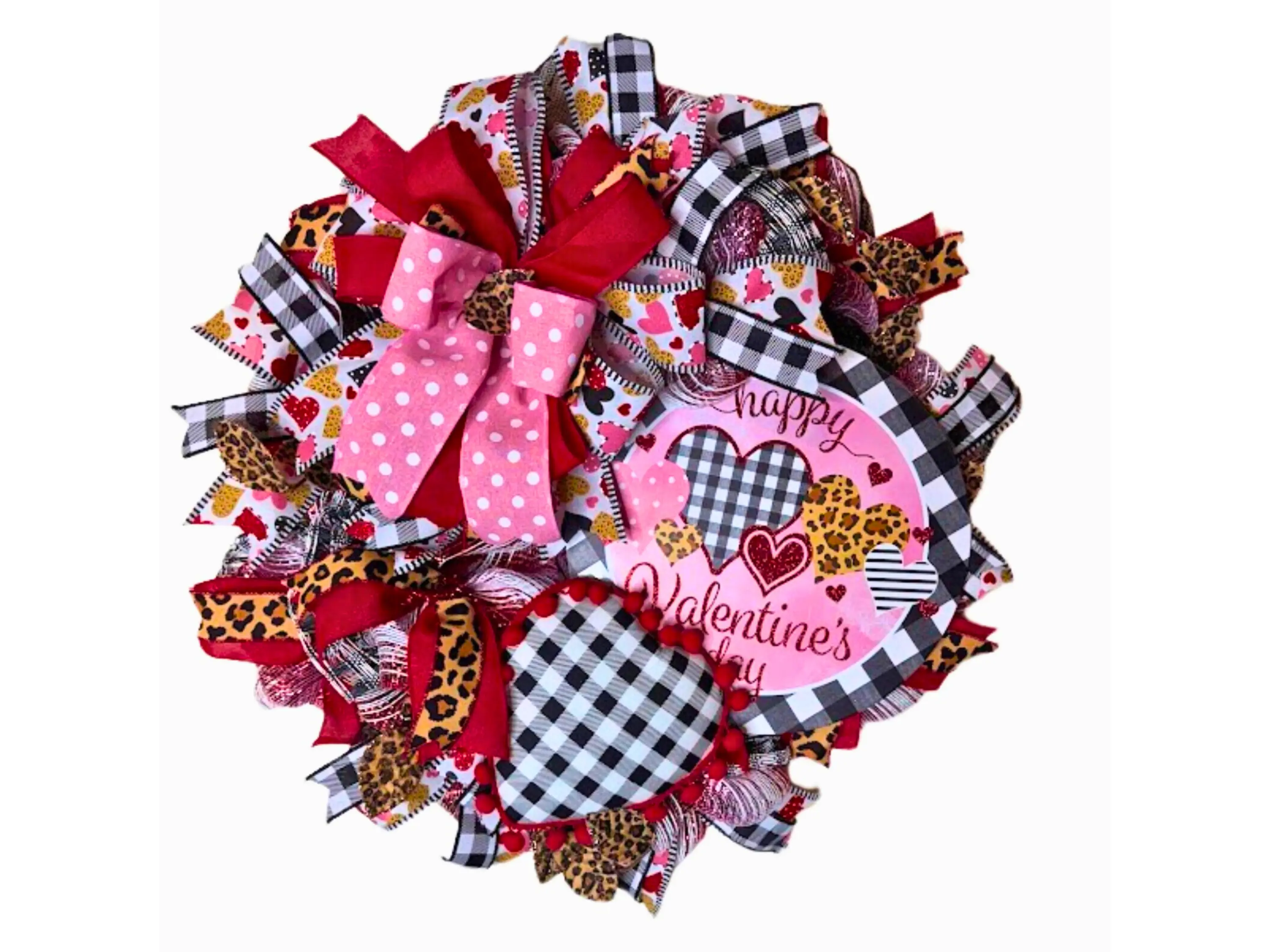 Valentine’s Day Wreath for Front Door, Pink Red Hearts, Leopard Print, Gingham Bow, Love Decor, Handmade Holiday Wreath