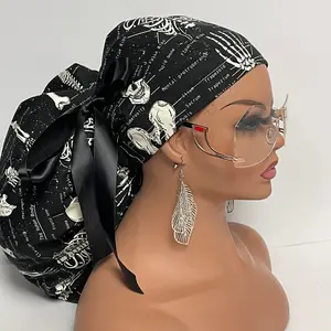 2XL JUMBO PONY SCRUB Cap, Black white glow in the dark skeleton cotton fabric surgical hat satin for Extra long/thick Hair/Locs