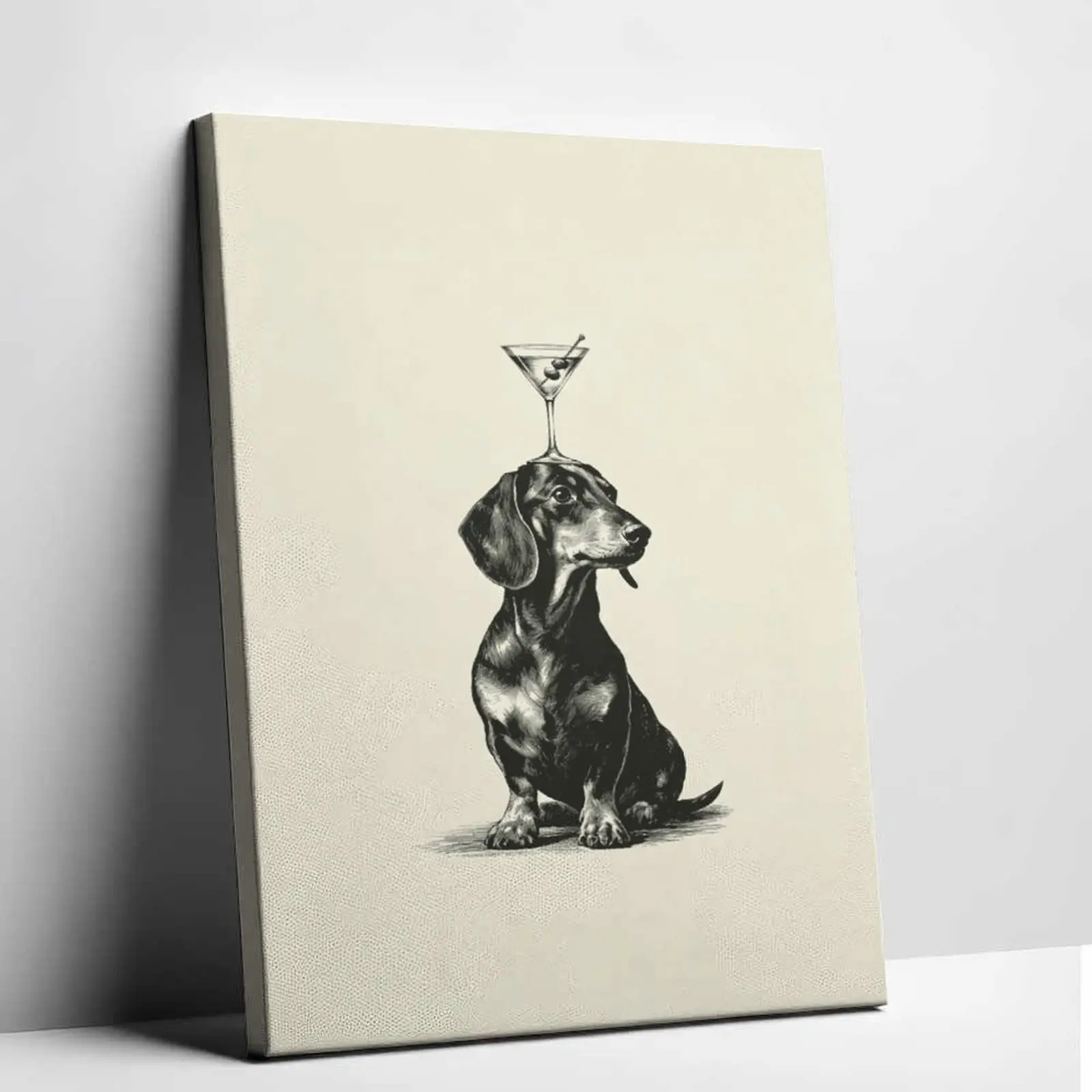 Vintage Sketch Dachshund With Martini Glass Canvas Wall Art Print, Funny Cute Sausage Dog Minimalist Neutral Poster, Whimsy-Funky Vintage House Decor for Bar Living Room, Vintage Home Decor