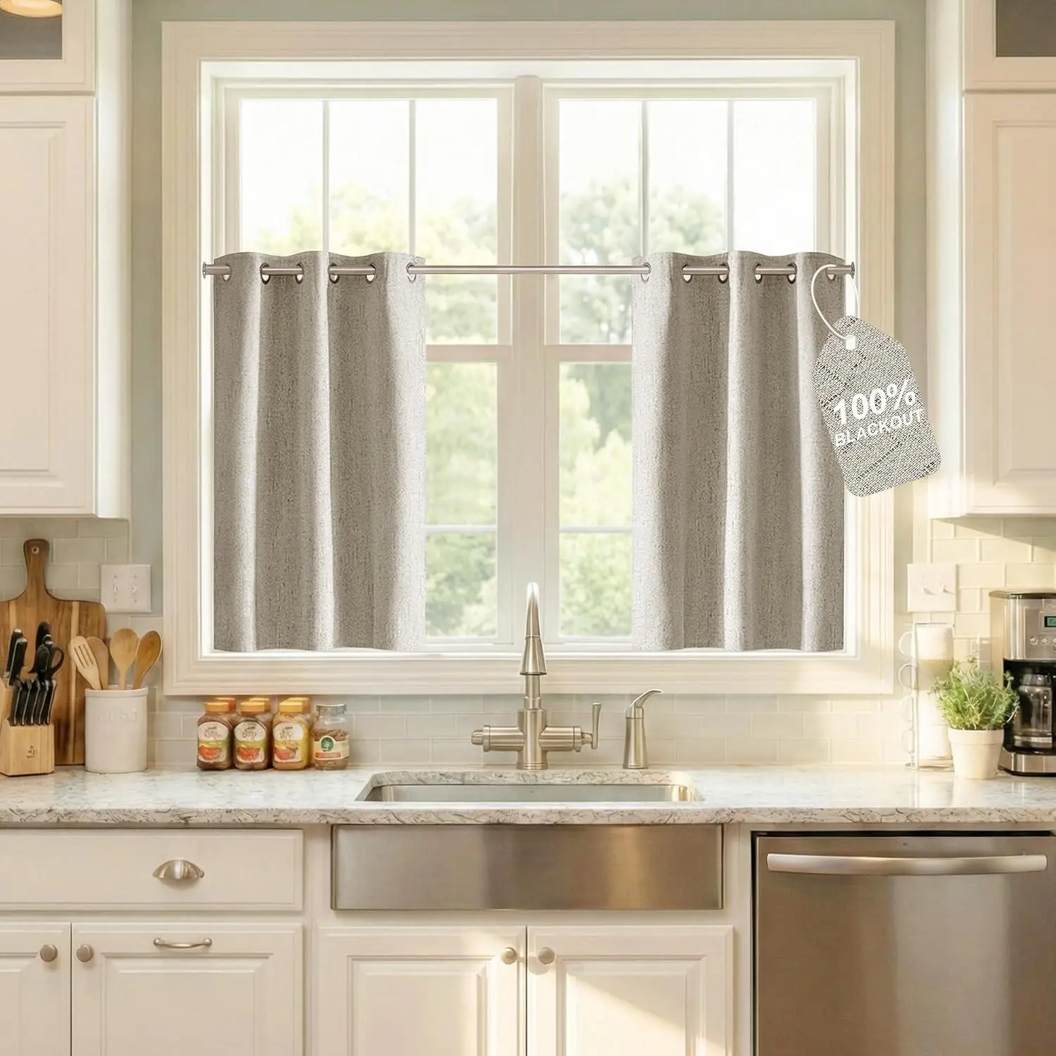 NICETOWN Blackout Linen Curtains, Composite Grommet Window Treatments with Sound Dampening, Home Decor for Kitchen/Cafe, 2 Panels