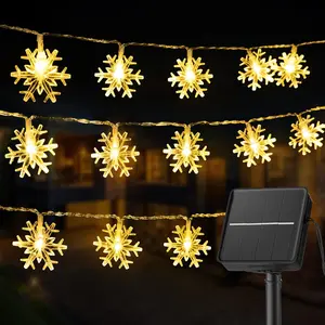 Solar Christmas Snowflake String Lights 100 LED 39 FT Outdoor Waterproof Fairy Lights with 8 Lighting Modes for Wedding, Party, Tree, Room, Garden, Patio, Yard, Home, Warm White