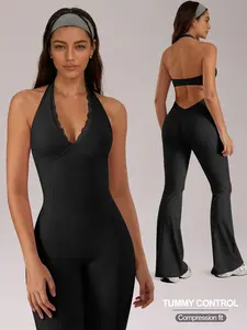 Women's Halter Neck Yoga Jumpsuit Lace Patchwork V Neck Removable Pads Hollow Out Backless, Sleeveless Tummy Control Casual Solid Color High Stretch Workout Utitard One Piece Jumpsuit For Y2K Yoga Gym Sports Dailywear, Ladies Sportswear All Seasons