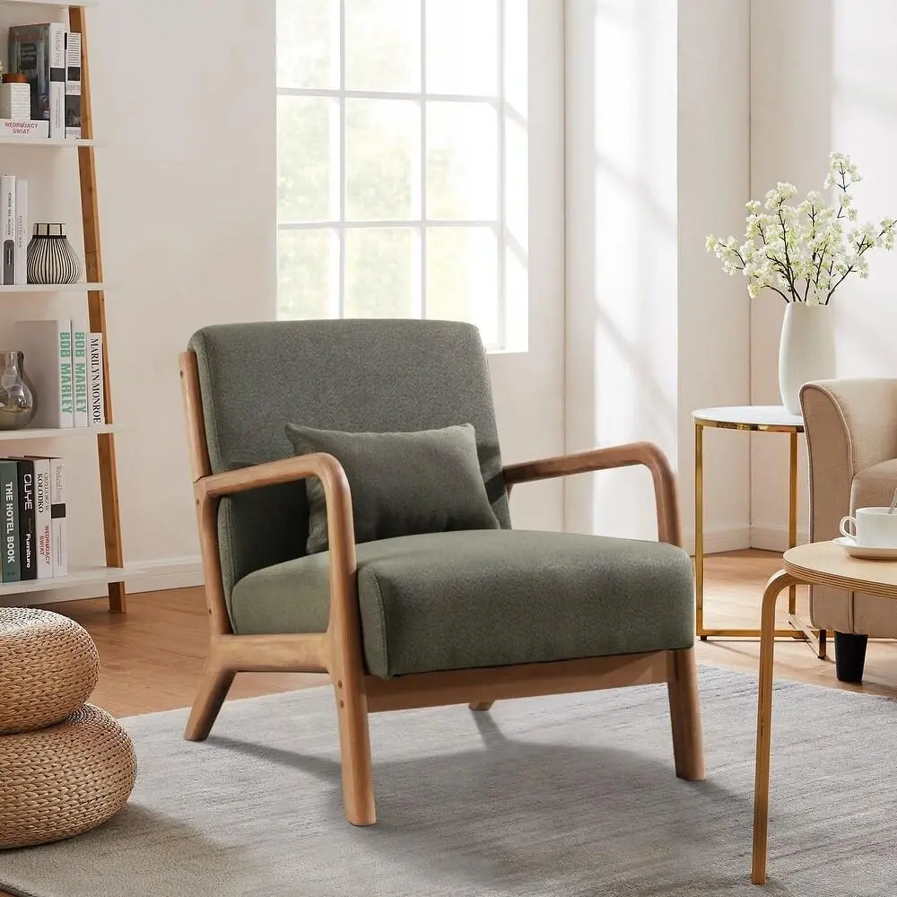 [SpringStatements] EBELLO Modern Accent Chair With Wooden Legs And One Pillow, Easy Assembly, ComfyFabric Living Room Chairs, Lounge Reading Armchair, Green