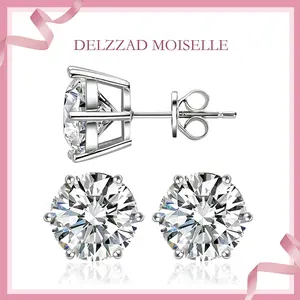 Delzzad S925 Six Prong Solitaire Earrings Round VVS Synthetic Moissanite Stud Earring Daily Costume Jewelry Accessories Perfect Birthday Wedding Anniversary Festive Gifts for Women Wedding Set