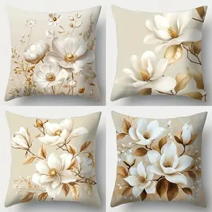 4-Pack Single-Sided Print Luxury Magnolia Pillow Covers, French Romantic Cream Color, 18x18 Inches, Washable, Living Room Sofa Bedroom Decor