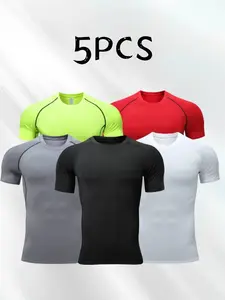 Men's 5-piece Sportswear Set Lightweight Short-Sleeved T-Shirts for Spring Summer Stylish Stripes High Elasticity Quick-Drying Sweat-Wicking Essential for Fitness Running Soccer Basketball - Menswear, Casual baggy compression clothes