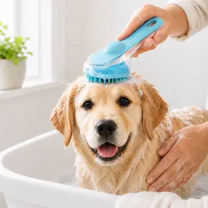 Pet Bath Brush with Shampoo Dispenser, Soft Silicone Dog & Cat Grooming Scrubber, One-Press Soap Release Pet Shower Brush with Transparent Reservoir, Gentle Massage Brush for Dogs, Cats, Puppies & Small Pets