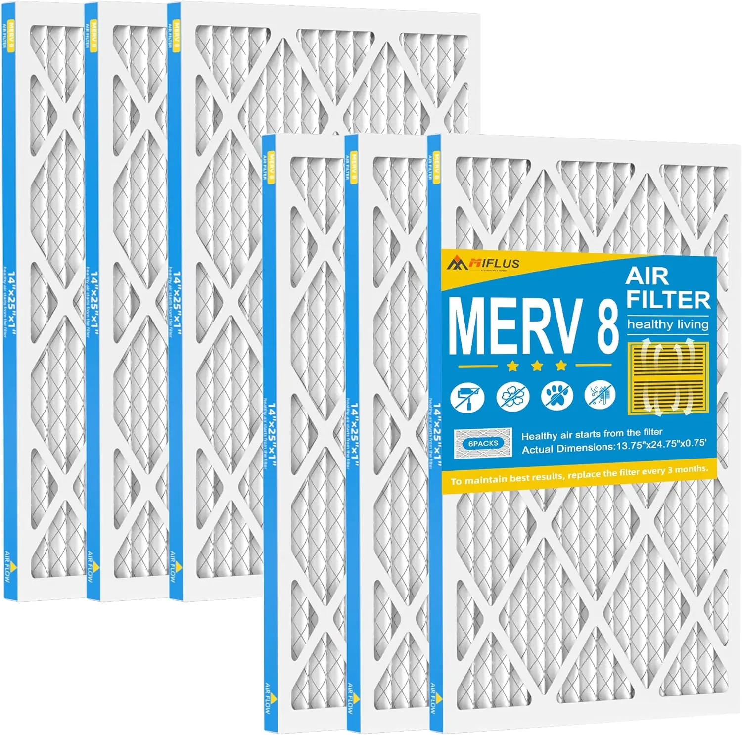 14x25x1 MERV 8 Furnace Air Filter 6-Pack Home Accessory, High Performance Purifier, Eco-Friendly Recycled Build, Traps Dust/Pollen/Pet Dander, 2x Deep Pleats, Tool-Free Installation, Low Resistance
