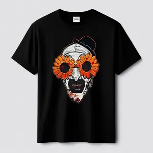 Women's Horror Graphic T-Shirt "Art the Clown Terrifier 2" Inspired Sunflower Glasses Design Black Round Neck Short Sleeve Casual Top Heavy Cotton Pure Fabric Comfortable Everyday Streetwear Tee for Halloween & Horror Movie Fans