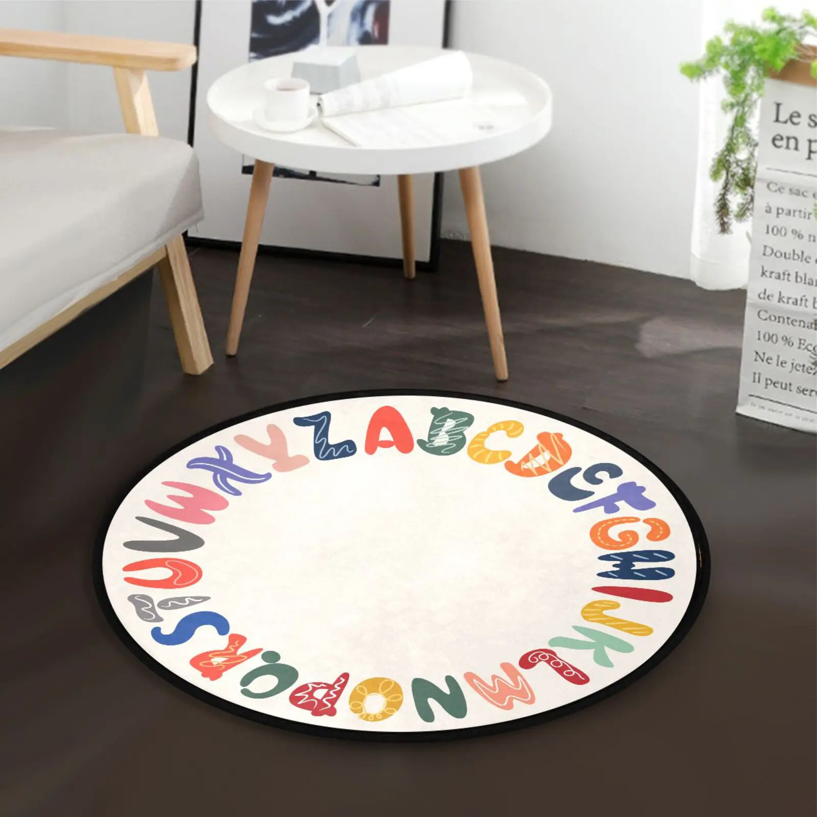 ABC Alphabet Round Rug for Nursery Bedroom Playroom 3ft Round Educational Play Rug Crawling Mat Large Activity Mat Cute Circle Floor Carpet Non-Slip, Beige Indoor