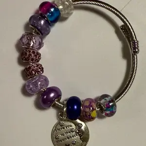 Purple Bangle Bracelet with Charm Featuring Amethyst colored Beads and 'I Love You to the Moon & Back' Charm