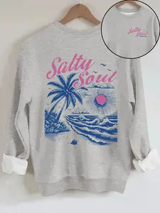 Women's Saltu Soul Beach Sun Print Casual Round Neck Fitted Sweatshirt, Soft Pullover, Fall & Winter Essential