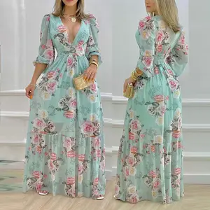ChicMe Women's Lantern Sleeve Floral Print Maxi Dress/Floral Print Lantern Sleeve Maxi Dress Lightweight