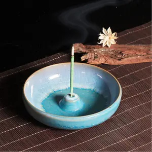 New Chinese Zen Ceramic Incense Holder with Ash Catcher - Handcrafted Kiln-Change Glaze (Green/Blue) for Yoga Meditation Home Decor