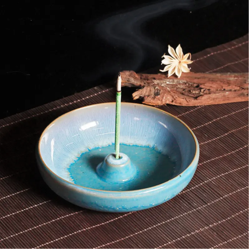 New Chinese Zen Ceramic Incense Holder with Ash Catcher - Incense Dish - Handcrafted Kiln-Change Glaze (Green/Blue) for Yoga Meditation Home Decor Aroma Scented Fragrance Calming Home Fragrance