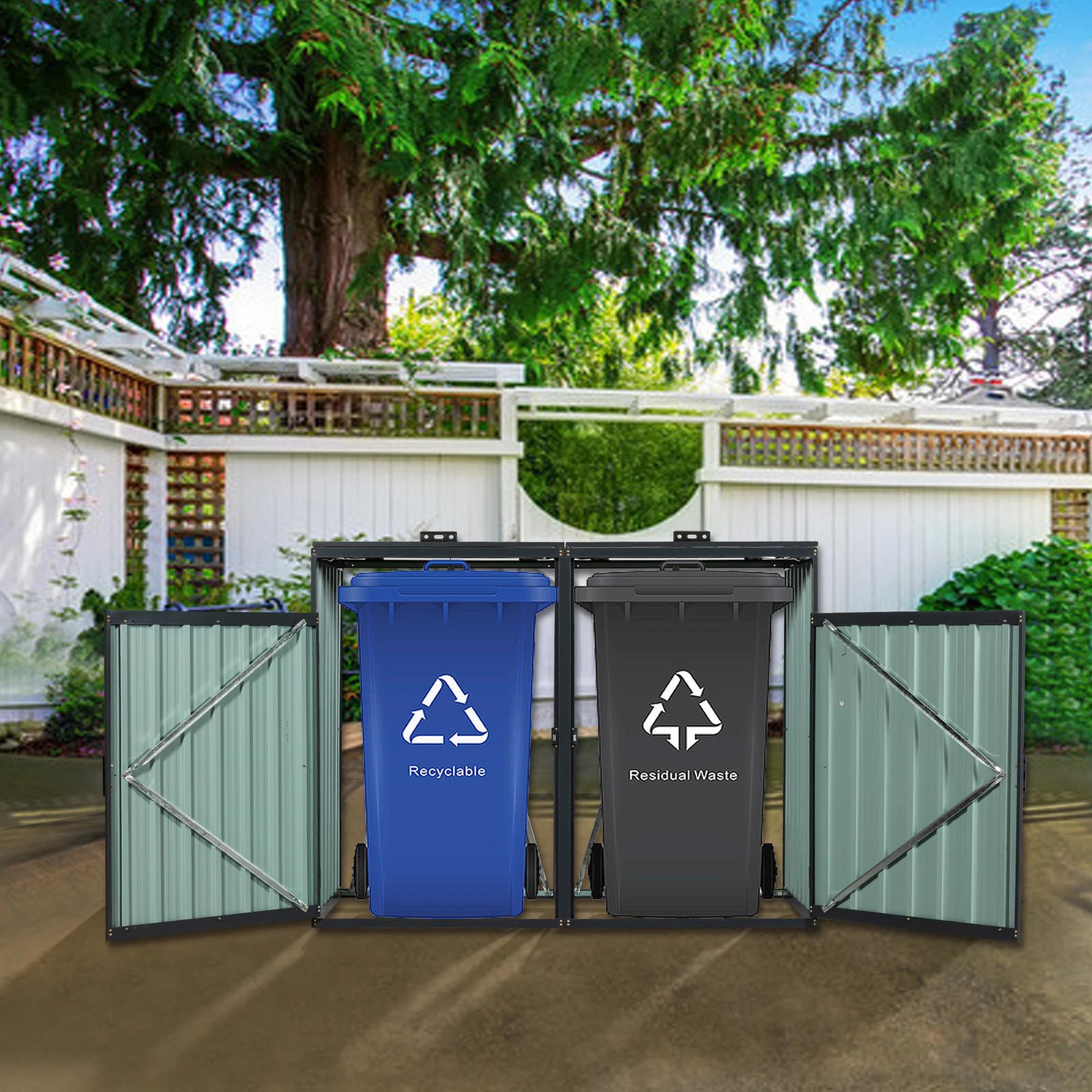 2 Trash Cans Metal Outdoor Bin Shed for Garbage Storage Stainless Galvanized Steel Bin Shed for Garden Yard Lawn