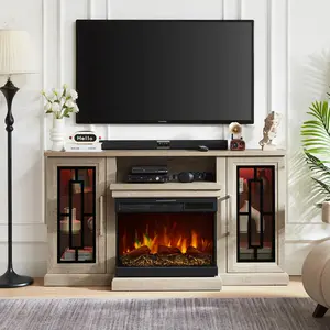 59 Inch LED TV Stand with 3-Side Glass Fireplace, Modern Media Entertainment Center Console Table for TVs up to 65 Inch with Adjustable Color, 24’’ Fireplace, Highboy, Grey Wash