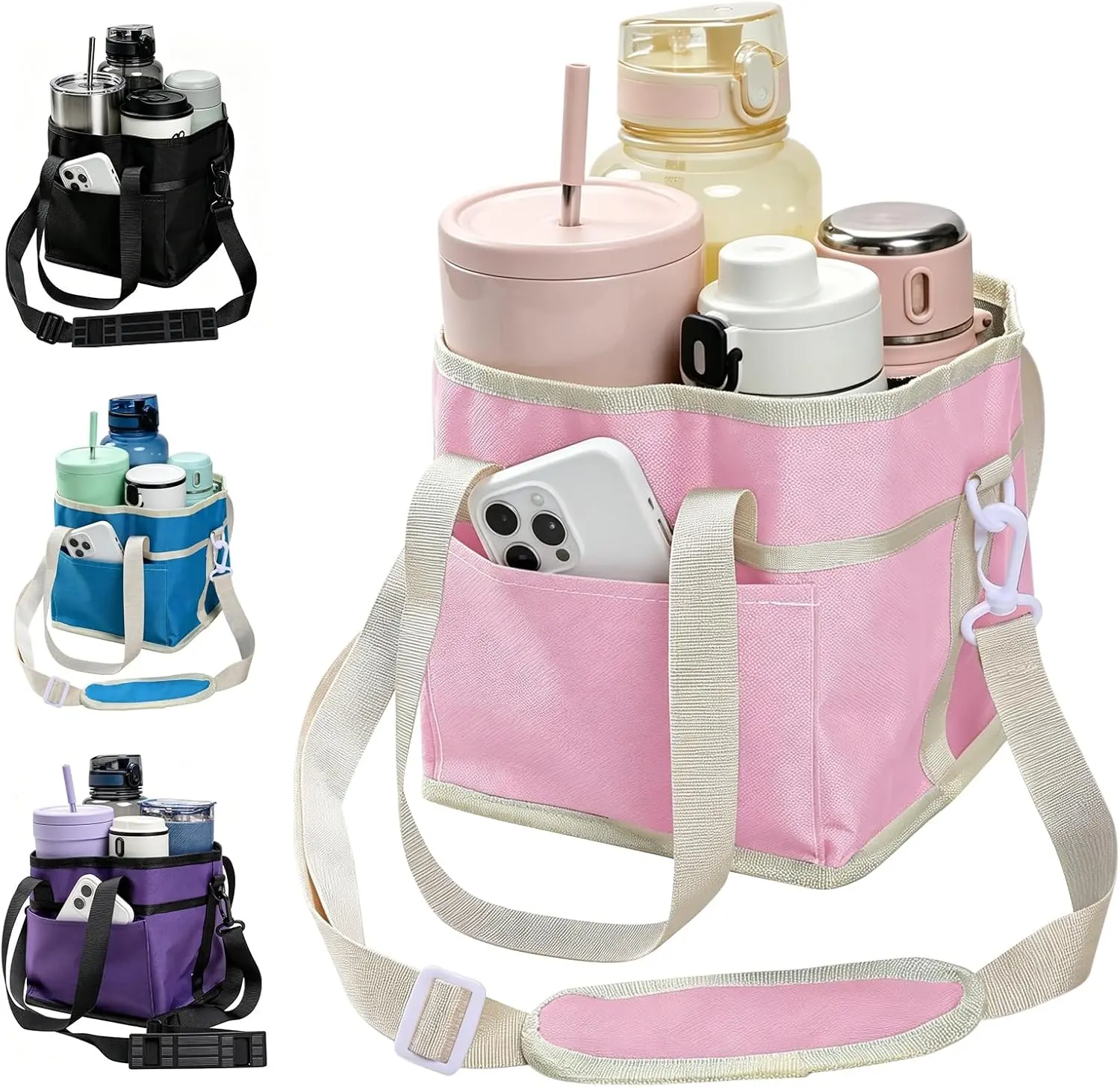 4 Compartment Insulated Drink Carrier Bag, Portable Cup Caddy Tote with Adjustable Shoulder Strap & Front Phone Pocket, Reusable Beverage Tumbler Holder for Delivery Services, Picnic, Beach & Camping