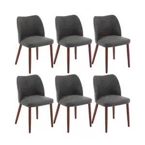 Dining Chair Set of 6, Leather Upholstered Dining Chair with Wood Legs, Wing Backrest, Wooden Kitchen Chair, Kitchen Chairs with Thick Cushions for Dining Room, Living Room, Dark Grey