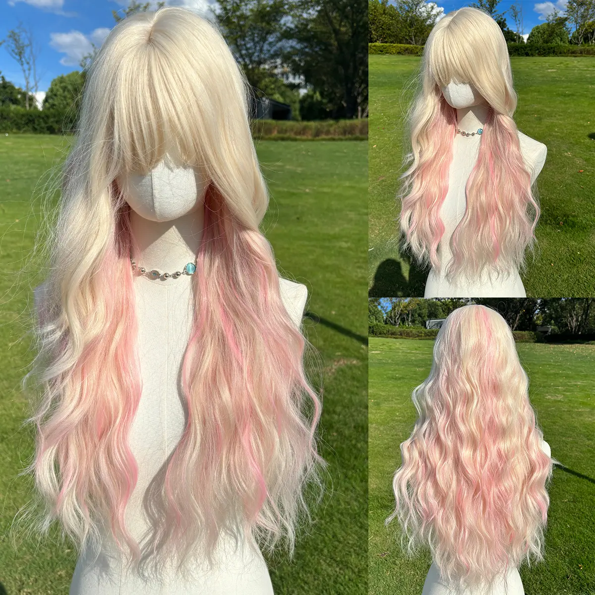 SMILCO/28Inch Highlight Platinum With Pink Long Wave With Bangs Synthetic Wig/SM556 SMILCO/28Inch Highlight Platinum With Pink Long Wave With Bangs Synthetic Wig/SM556