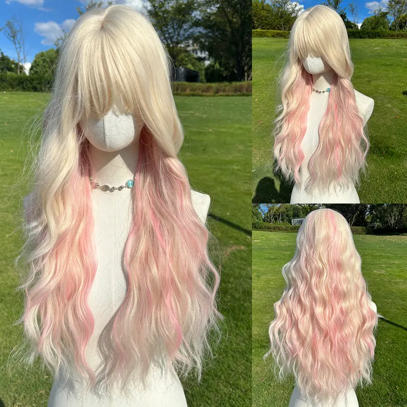 SMILCO/28Inch Highlight Platinum With Pink Long Wave With Bangs Synthetic Wig/SM556