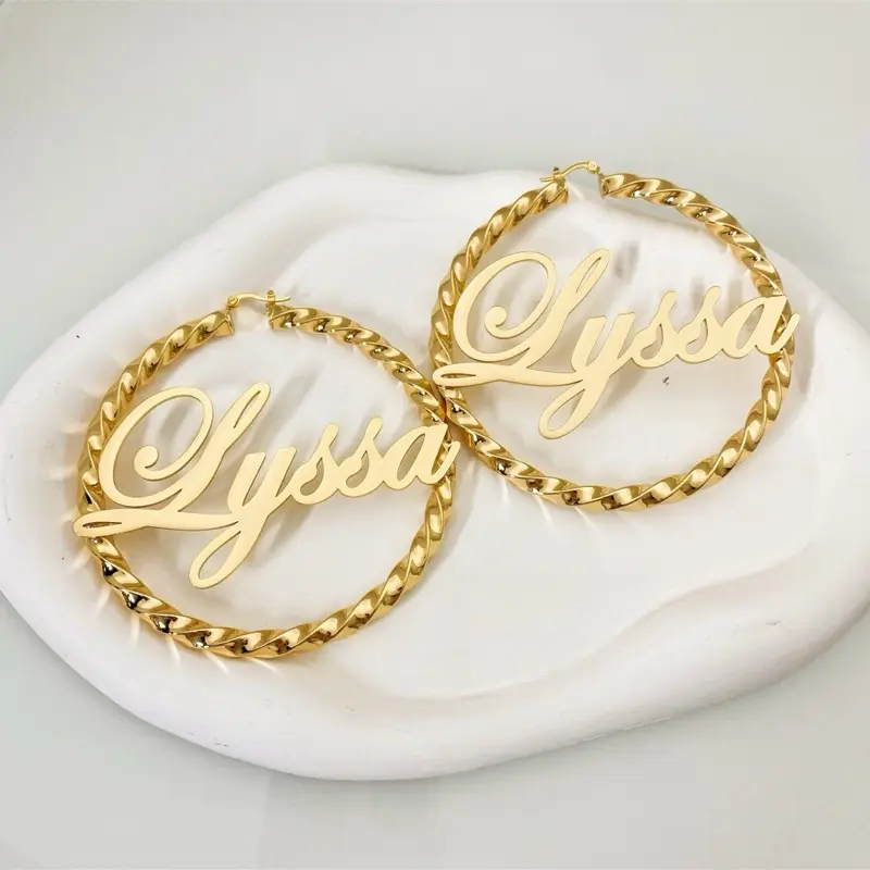 Custom Gold Nameplate Twist Hoops - Personalized Name Design for Stylish Accessories **PLEASE ADD ORDER MESSAGE ex: Name+Style+Font in message box***