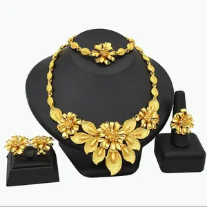 Luxury Bridal Jewelry Set with 24k Gold Plating Golden Wedding Accessories Set for Brides Necklace Woman
