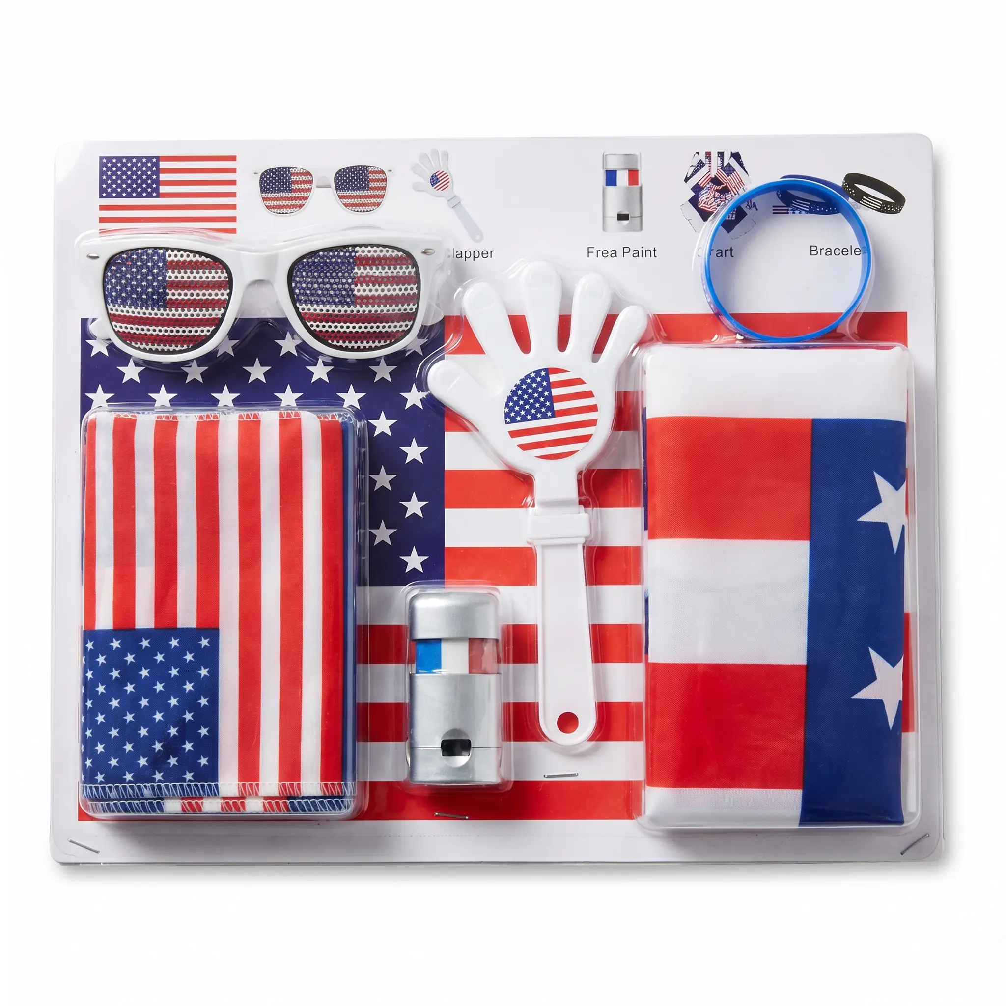 USA Soccer Fan 6-Piece Lightweight Silicone Sports Accessories Pack - Football Cheering Kit with Sunglasses, Hand Clapper, Face Paint, Bracelet, Scarf, Flag, Complete Kit, Party, 4Th Of July Events, Game Day, Scarves, Prop, Adult Size, Family, Friends, Or