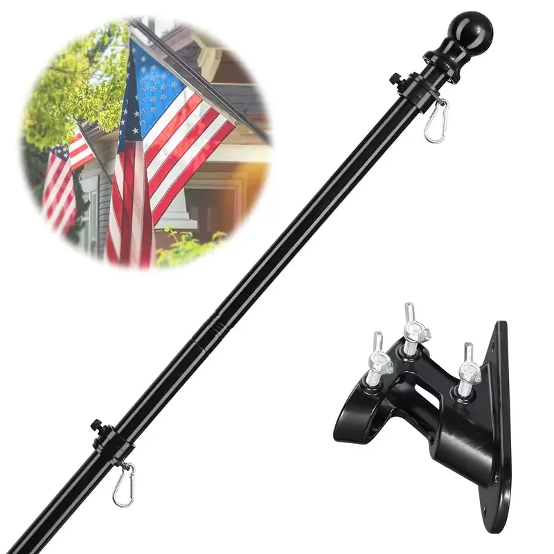 Outdoor US Flagpole – 5–6 ft Tangle-Free Flagpole (Black/White) with Bracket; Home Flagpole Kit for Porches and Garages. Suitable for holidays like Halloween and Christmas, or for major celebrations!