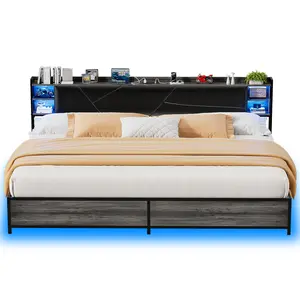 Homieasy King Size Bed Frame with Cool RGB LED Lights and Power Outlets, Sturdy Platform Bed with Storage Upholstered Headboard, Noise Free, No Box Spring Needed, Easy to Assemble, Black Oak