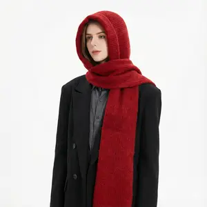 Women Knitted Hooded Scarf Balaclava 2-in-1 Winter Warm Hat Neck Warmer Combo Soft Cozy Bonnet Cap Aesthetic Trendy Cold Weather Fashion Gift