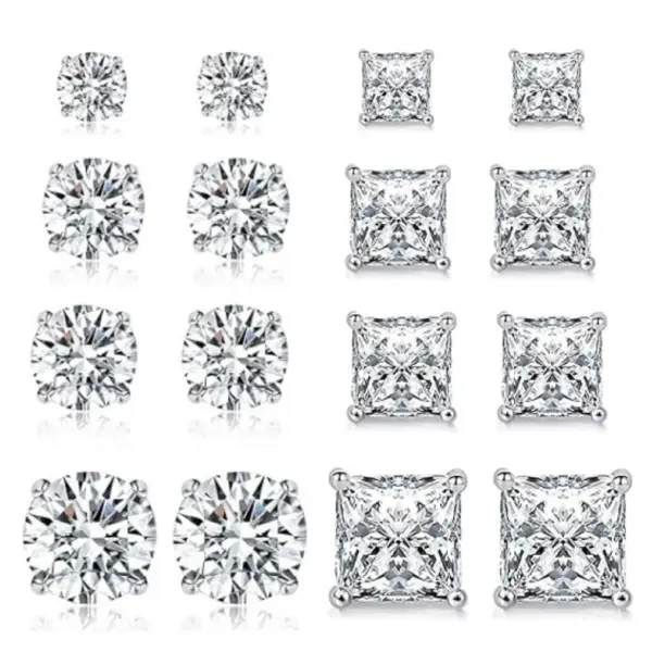 8 Pairs Stud Earrings for Men Women 316L Stainless Steel Earring | Hypoallergenic 3mm/5mm/6mm /7mm Princess & Round Cubic Zirconia Earring Set Surgical Steel CZ Ear Jewelry for Sensitive ears