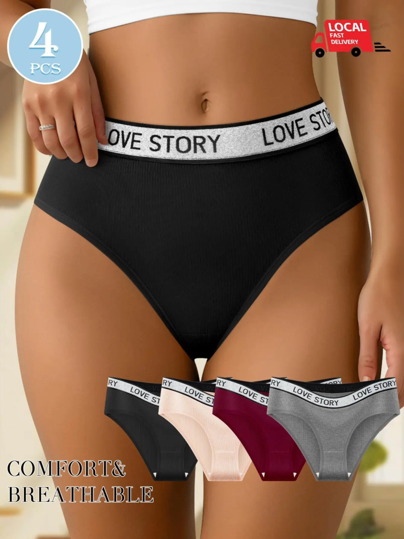 QUASTI 4 Pack No Trace Mid-Waist Hipster Underwear, Ribbed Seamless Cotton Brief With Letter Print Stretchy Waistband, Breathable Lightweight Stretchy Fit Full Coverage Lady Panties, Casual Comfy Basic Everyday Wear, S-XXL