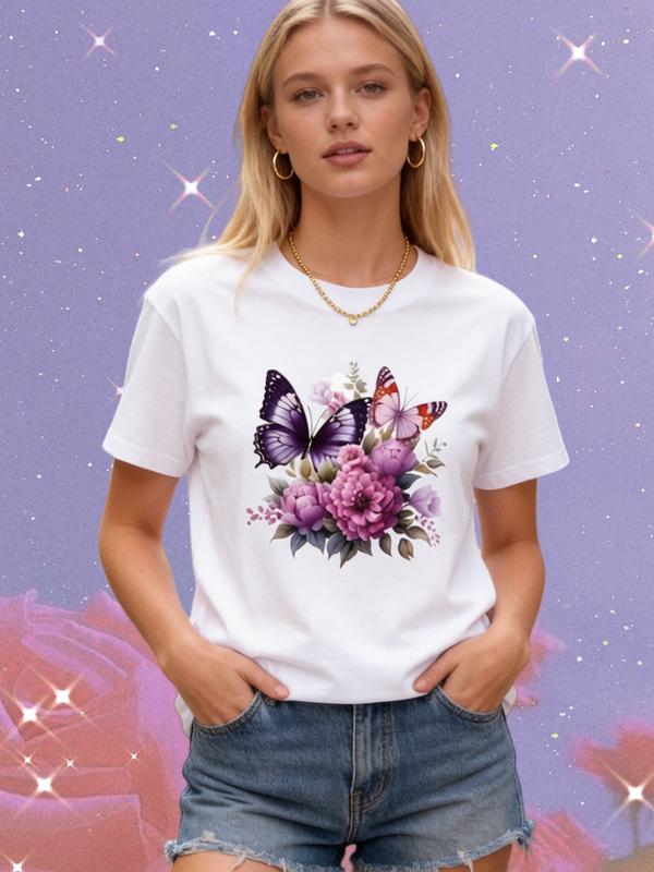 Women's Pure Cotton Plain Aesthetic Butterfly Floral Short-Sleeve Tshirt - Cottagecore Vintage Crew Neck, Fitted Lightweight Plus Size, Casual Beach Streetwear, Machine Washable, Easter Ideal, Free Gift Included