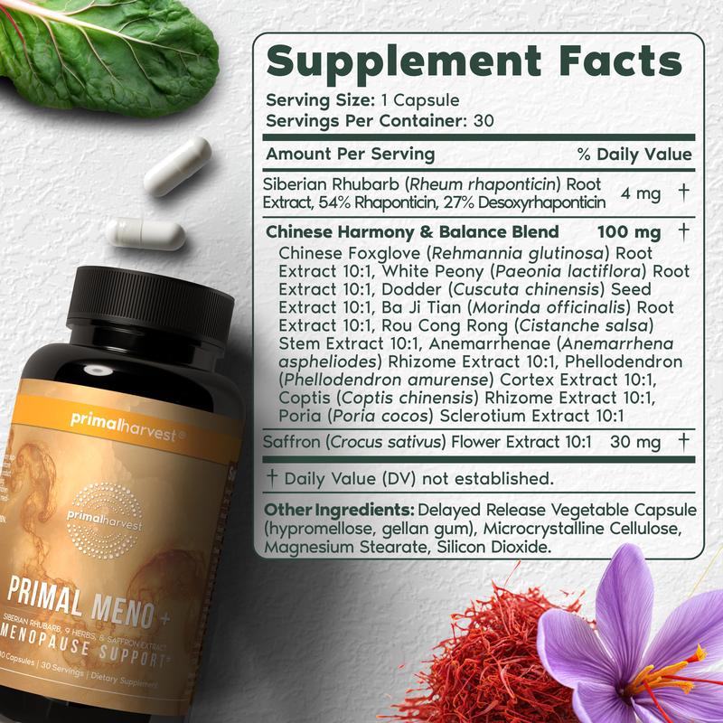 Primal Meno+ Natural Menopause Support – Hormone-Free Relief with Siberian Rhubarb, Saffron & 9 Herbal Extracts