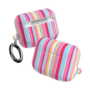 Vibrant Y2K Aesthetic Striped Colorful Blue Pink White Yellow AirPod Case Fun Protective Earphone Cover for Girls and Women