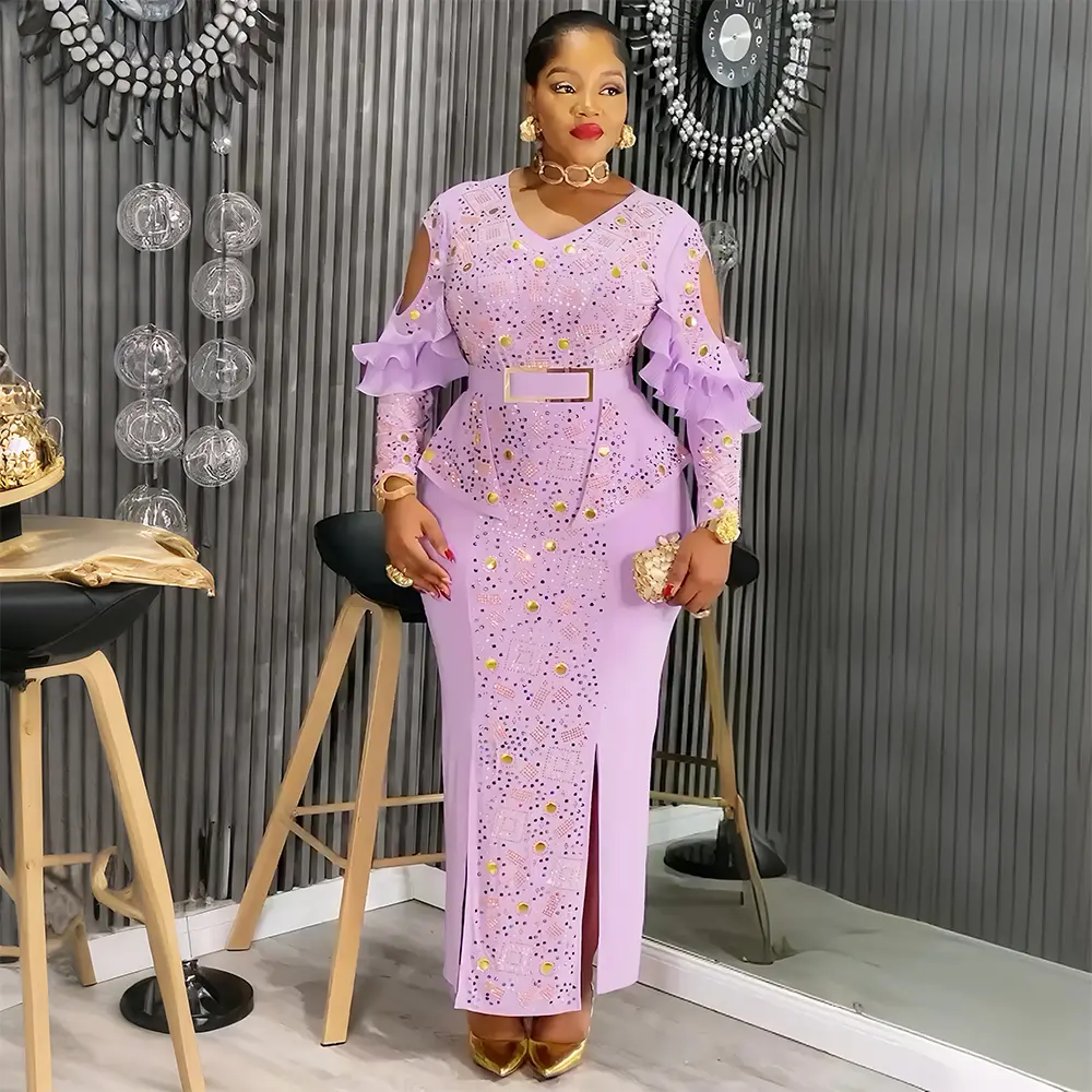 Women's Plus Size African Dashiki Formal Evening Gown - Elegant Bodycon Long Dress with Diamond Embellishment, Slit, Cultural Elegance, Formal Wear, Jersey Spandex-Polyester Blend, All Seasons, Party, XXL, Spandex Blend