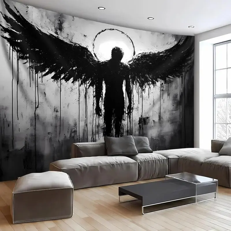 Lightweight Decorative Black Angel Starry Sky Tapestry Wall Mural - Premium Synthetic Polyester, HD Digital Print, Hand-Stitched Edges, Wrinkle-Resistant Soft Fabric, Free Hanging Clips, Machine Washable Home Supply for Living Room, Wedding Table Backdrop