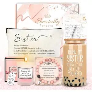 Sister Gifts from Sisters Birthday Gifts for Sisters Adult  Sister Ever  Ideas for Women Cool Presents Set with Funny Glass Cup,  Makeup Bag, Scented Candle, Bracelet, , Card