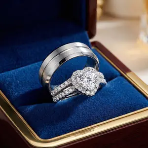 Lvrong Couple Rings Matching Ring Heart 1CT AAA CZ White Gold Plated Women Wedding Ring Sets For Him And Her Rings