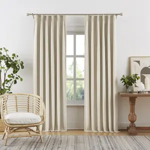 Natural Pinch Pleat Curtains Blackout 90 Inch Long,Cream Beige Thermal Soundproof Country Linen Curtains for Living Room Track System with Hooks 2 Burg Back Tab,Natural Birch,Set of 2