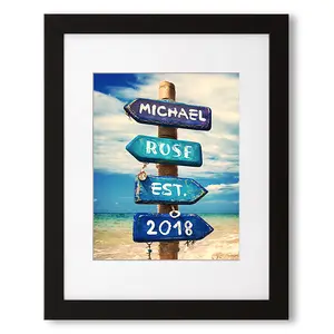 Blue Signport  Photo Prints Gift Couple's Names Sea and Love Sign Gift for Anniversary,Valentine's day,Wedding. 14x11 inches & D-Mats UNFRAMED
