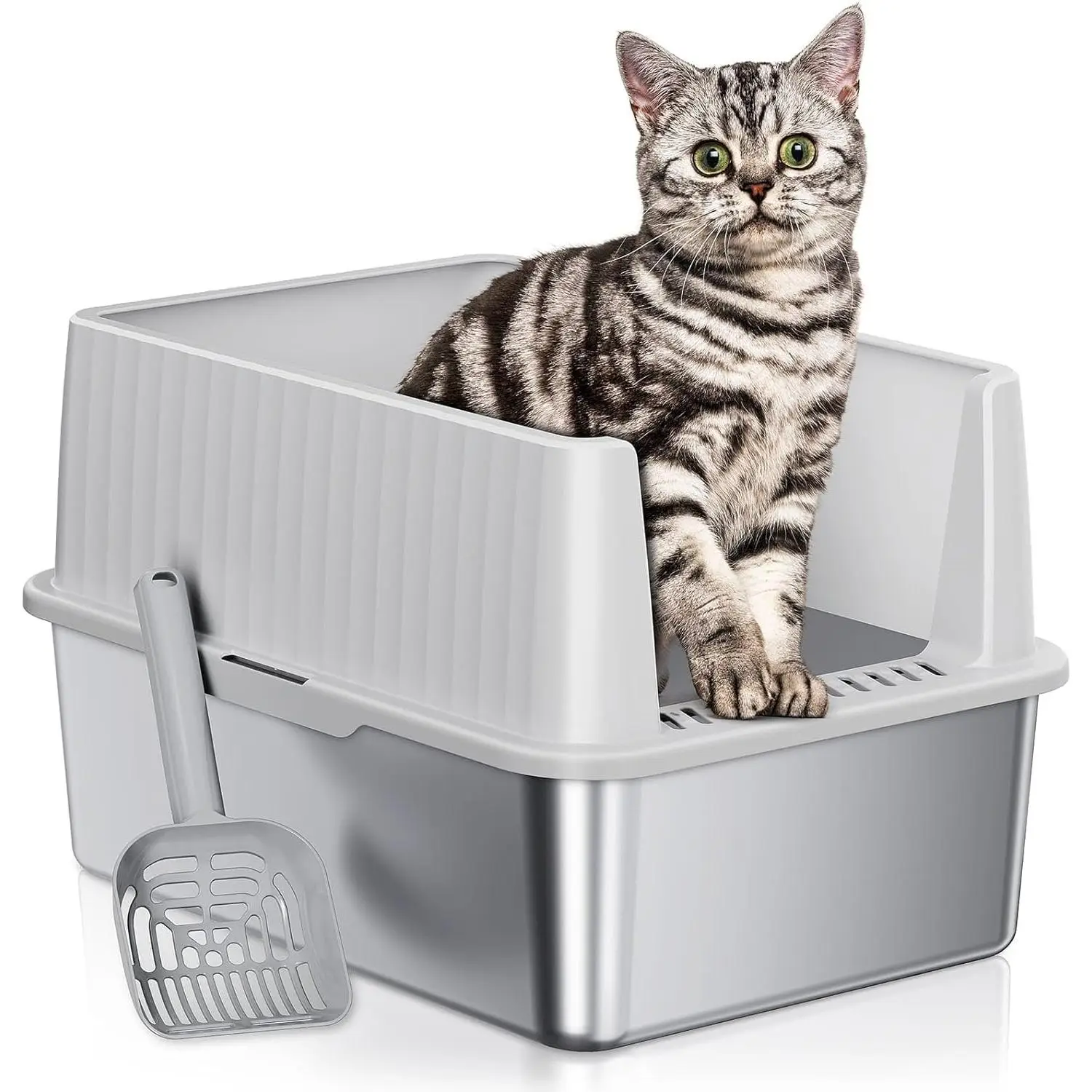 Small Stainless steel litter box for cats 17.3" L x 13.3" Wx 11.8" H,Anti-Urine Leakage,Easy to Clean,Compact Cat Toilet Odor Free Litter Box with Lid