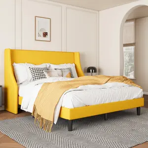 SHA CERLIN Upholstered Bed Frame with Streamlined Wingback Headboard【Frame Only No Mattress】Breathable Linen Fabric, Solid Wooden Slats#ChristmasGifts#TikTokShopBlackFriday