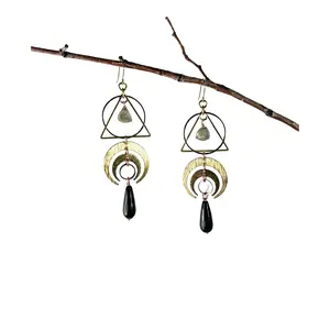 Labradorite and Onyx Earrings, Handmade Manifestation Jewelry with Moons and Crystals for Healing and to Attract Good Things to Life