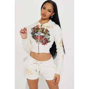Ed Hardy Tiger Head Zip Front Hoodie - Ivory 4