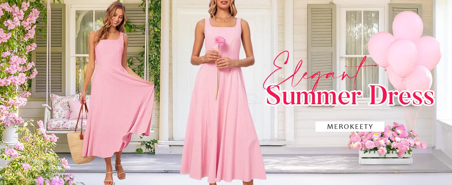 MEROKEETY Women's 2026 Summer Sleeveless Midi Dress Square Neck Smocked Flowy A Line Beach Dresses