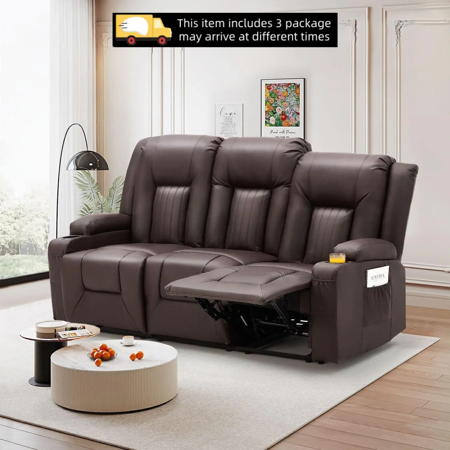 【3 Packages Shipping】YODOLLA Recliner Sofa with Cup Holders&Side Pockets, Modern Manual RV Couch Sofa 3 Seats Recliner Couch Wall Hugger Reclining Sofa Faux Leather Home Theater Seating