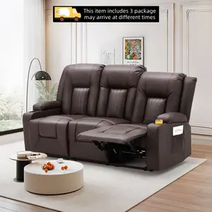【3 Packages Shipping】YODOLLA Recliner Sofa with Cup Holders&Side Pockets, Modern Manual RV Couch Sofa 3 Seats Recliner Couch Wall Hugger Reclining Sofa Faux Leather Home Theater Seating